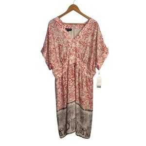 Jones New York Women's Dress 18W Red Beige Floral Midi Kimono Boho Gypsy